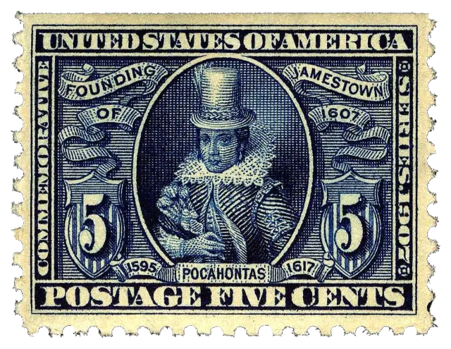 A woman in a tall hat and lace collar in an oval frame; stamp issued by United States, 1907