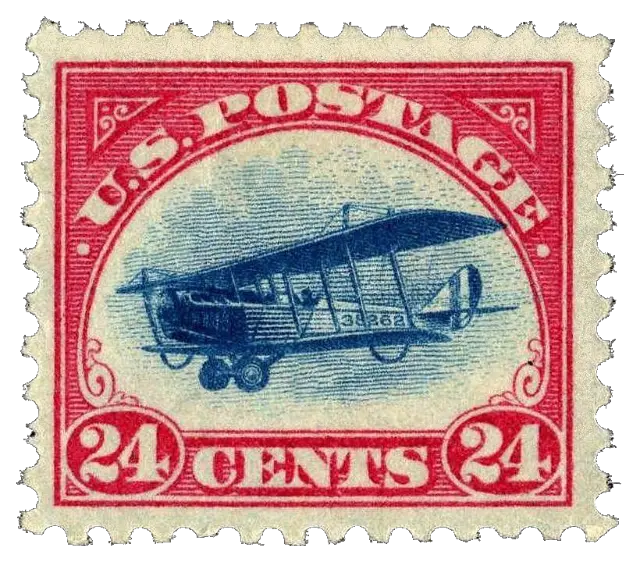 A biplane in flight inside a red frame; stamp issued by United States, 1918