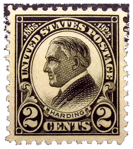 A man in profile in an oval, printed in black, with a name on a ribbon; stamp issued by United States, 1923