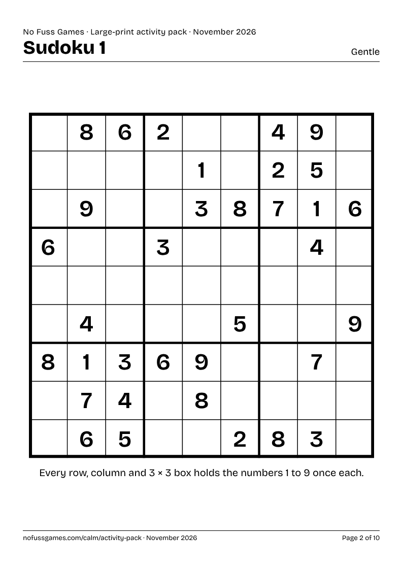A page from the November 2026 pack: a large Sudoku grid filling the page, with a heading and a footer.
