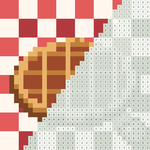 Apple pie, partly coloured, with numbered squares still to fill