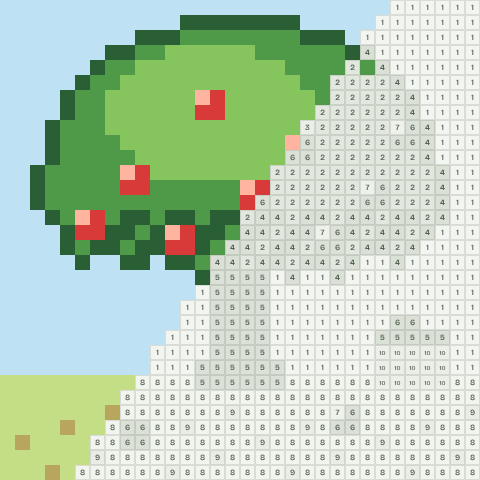 Apple tree, partly coloured, with numbered squares still to fill
