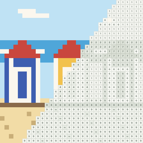 Beach huts, partly coloured, with numbered squares still to fill