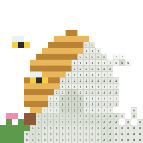 Straw beehive, partly coloured, with numbered squares still to fill