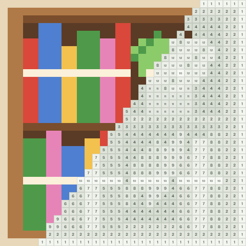 Bookshelf, partly coloured, with numbered squares still to fill