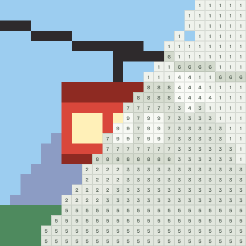 Cable car, partly coloured, with numbered squares still to fill
