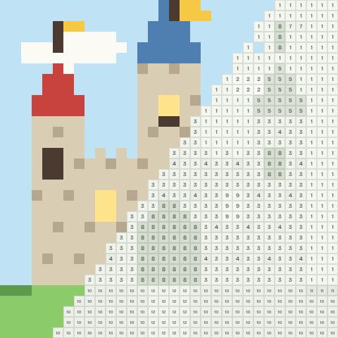 Storybook castle, partly coloured, with numbered squares still to fill