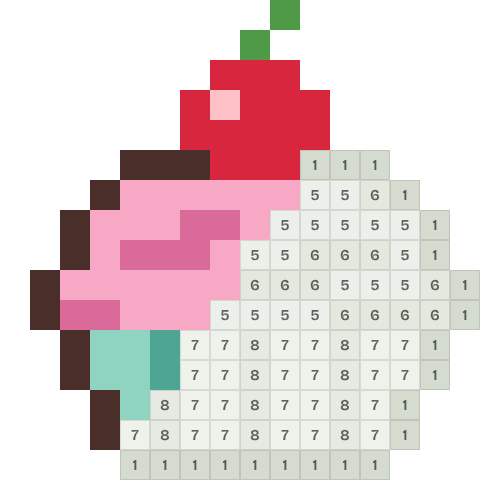 Cherry cupcake, partly coloured, with numbered squares still to fill