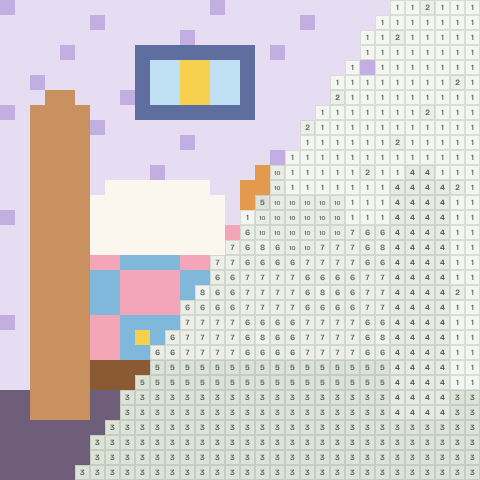 Cosy bed, partly coloured, with numbered squares still to fill