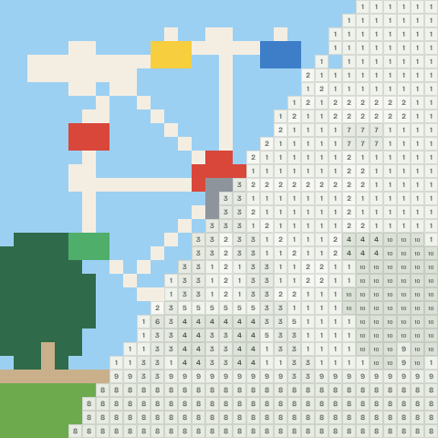 Big wheel, partly coloured, with numbered squares still to fill