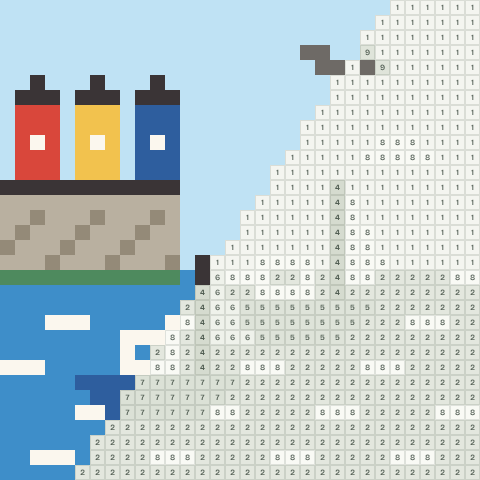 Fishing harbour, partly coloured, with numbered squares still to fill