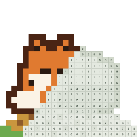 Sleeping fox, partly coloured, with numbered squares still to fill