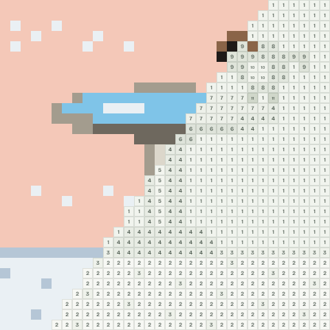 Frozen birdbath, partly coloured, with numbered squares still to fill