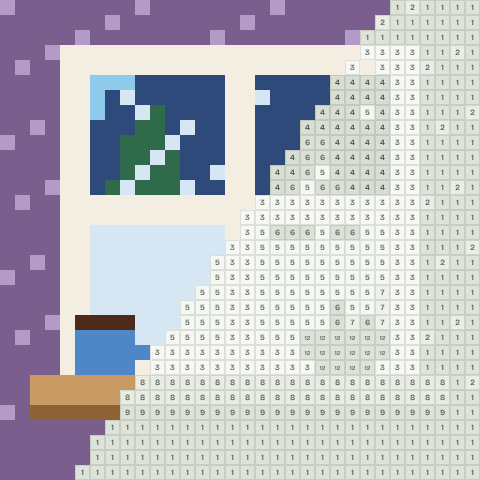 Frosty window, partly coloured, with numbered squares still to fill