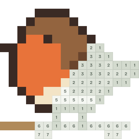 Garden robin, partly coloured, with numbered squares still to fill