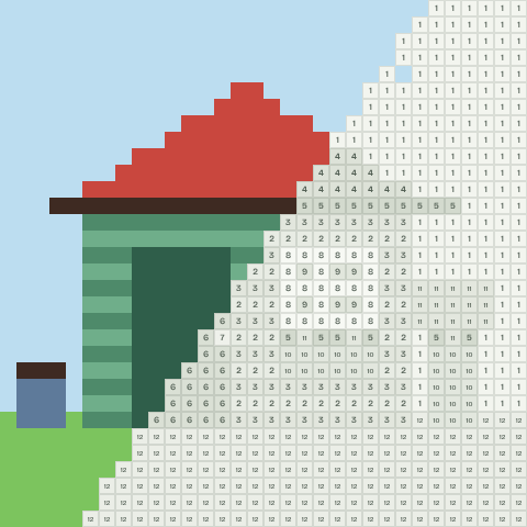 Garden shed, partly coloured, with numbered squares still to fill