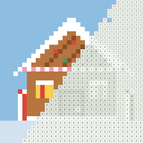 Gingerbread house, partly coloured, with numbered squares still to fill