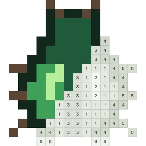 Green beetle, partly coloured, with numbered squares still to fill