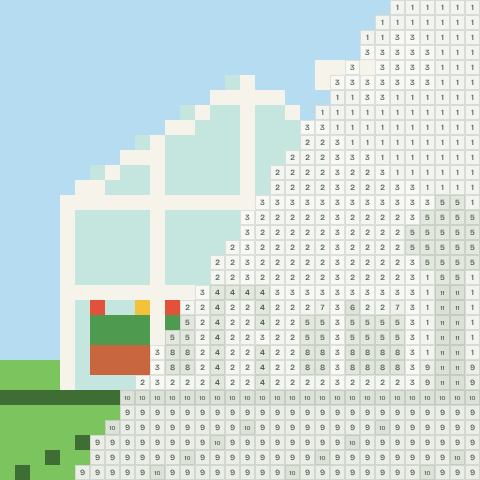 The greenhouse, partly coloured, with numbered squares still to fill
