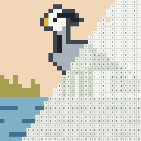Grey heron, partly coloured, with numbered squares still to fill