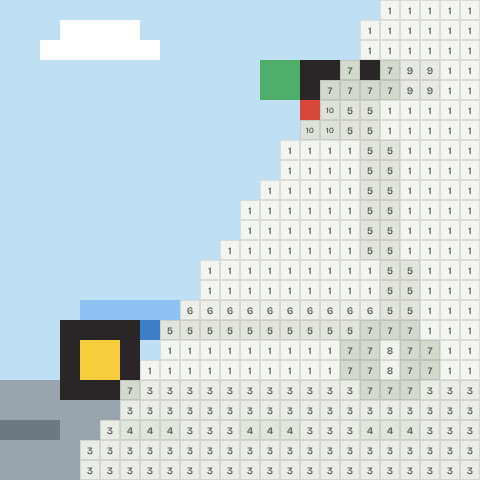 Kick scooter, partly coloured, with numbered squares still to fill