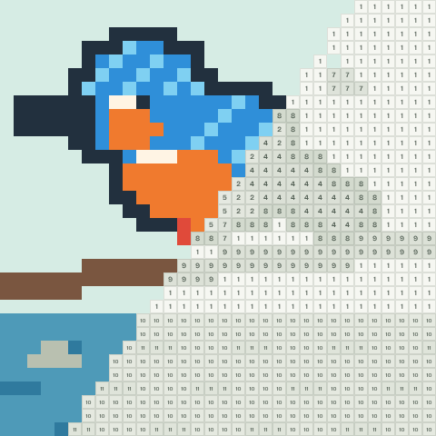 Kingfisher, partly coloured, with numbered squares still to fill
