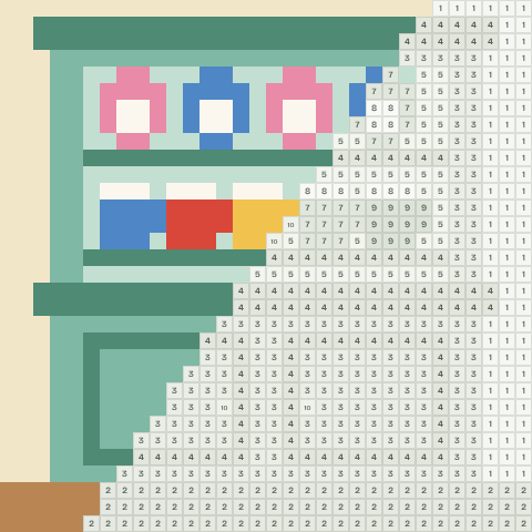 Kitchen dresser, partly coloured, with numbered squares still to fill