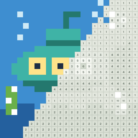 Little submarine, partly coloured, with numbered squares still to fill