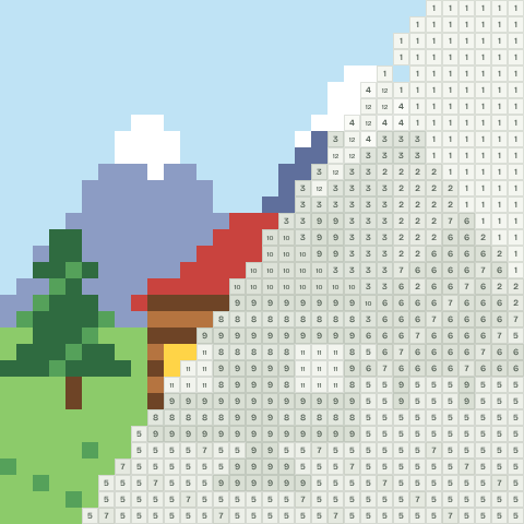 Mountain cabin, partly coloured, with numbered squares still to fill