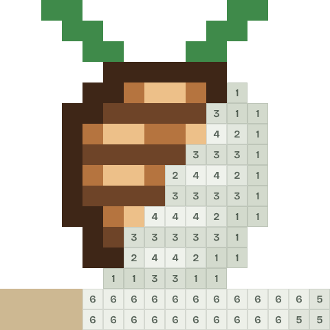 Pine cone, partly coloured, with numbered squares still to fill