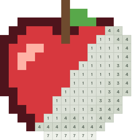 Red apple, partly coloured, with numbered squares still to fill