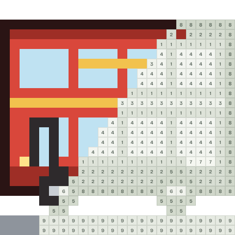 Double-decker bus, partly coloured, with numbered squares still to fill