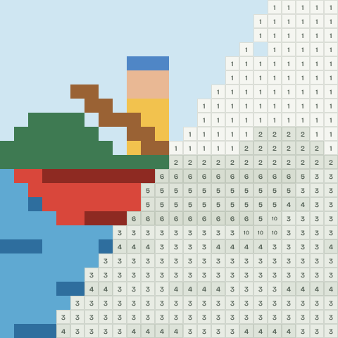 Red canoe, partly coloured, with numbered squares still to fill