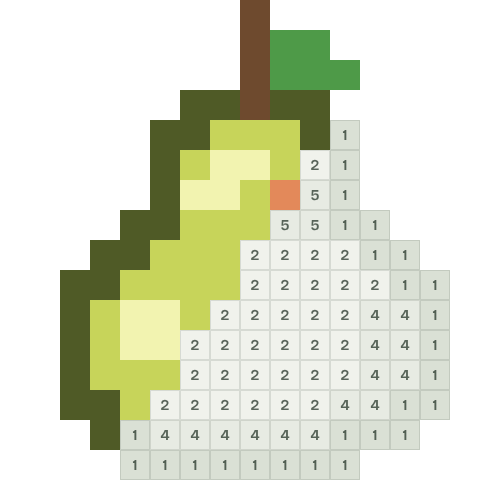 Ripe pear, partly coloured, with numbered squares still to fill