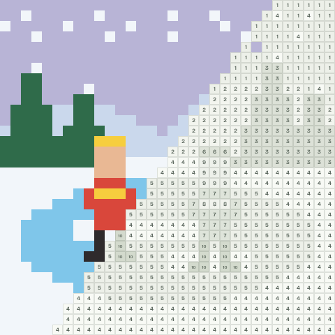 Skating pond, partly coloured, with numbered squares still to fill