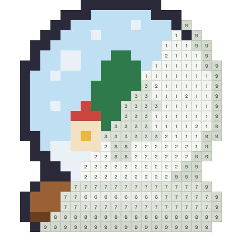 Snow globe, partly coloured, with numbered squares still to fill