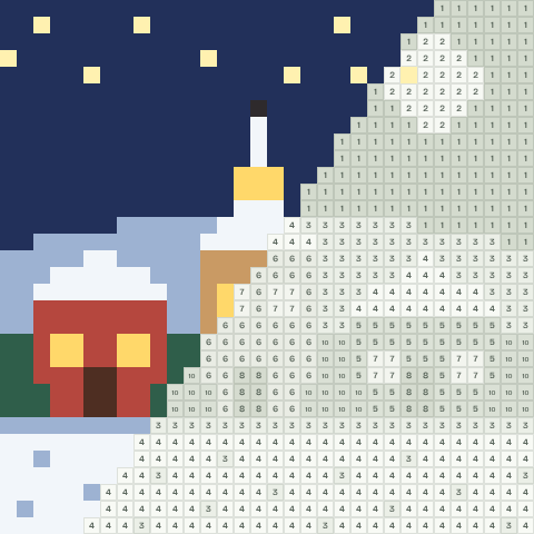 Snowy village, partly coloured, with numbered squares still to fill