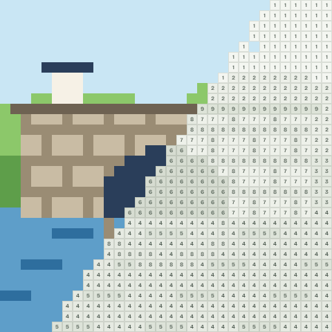 Old stone bridge, partly coloured, with numbered squares still to fill