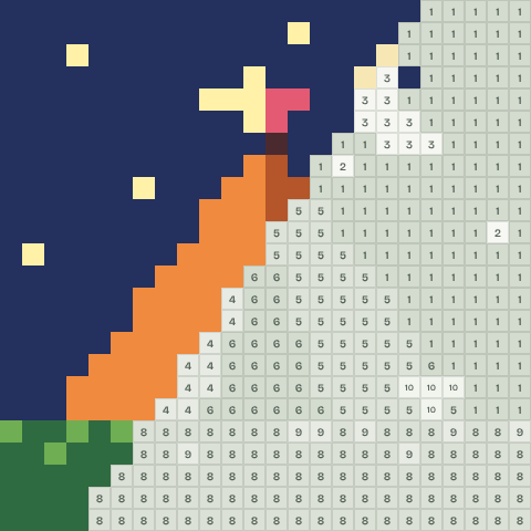 Tent under the stars, partly coloured, with numbered squares still to fill