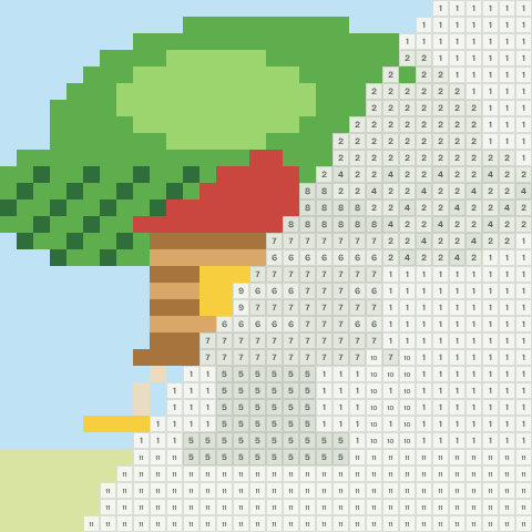 Treehouse, partly coloured, with numbered squares still to fill