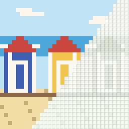 Beach huts, partly coloured