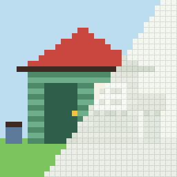 Garden shed, partly coloured
