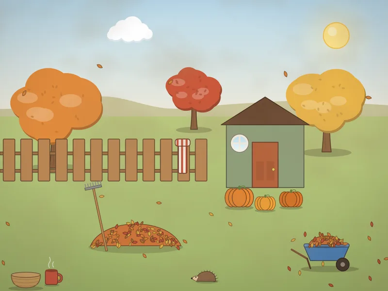 An autumn garden with orange and yellow trees, a heap of raked leaves with a rake, pumpkins by a shed door, a wheelbarrow, a wooden fence with a robin, a hedgehog and leaves drifting down.