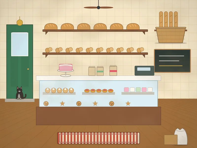 Inside a bakery: wooden shelves of loaves, baguettes and rolls, baskets of pretzels, a glass counter full of buns, tarts and iced cakes, a till, paper bags, a chalkboard, a cake on a stand, a ceiling fan, a bell over the door and a cat sitting on the step.