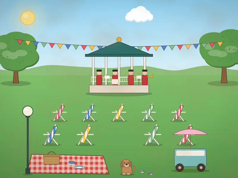 A park on a sunny afternoon: a green bandstand with players and music stands, rows of striped deckchairs on the grass, a picnic blanket with a hamper, an ice-cream cart with a parasol, bunting between trees, a lamp post, balloons, pigeons and a dog.