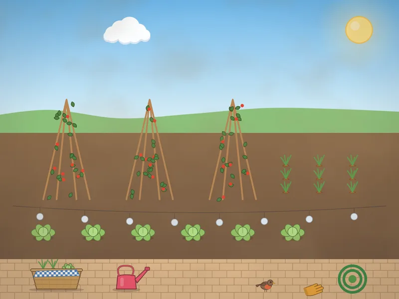 A summer vegetable plot: wigwams of bean canes covered in red flowers, rows of lettuces and carrots, a line of shiny bird-scarer discs, a coiled green hose, a watering can, a trug of vegetables, a robin and a bright blue sky.