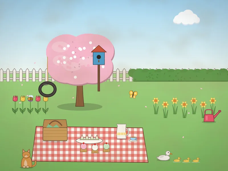 A spring garden picnic under a blossoming cherry tree: a checked rug with a basket, sandwiches, cupcakes and a jug of lemonade, daffodils and tulips, a bird house in the tree, a kite caught in the branches, a duck and ducklings walking past and petals falling.