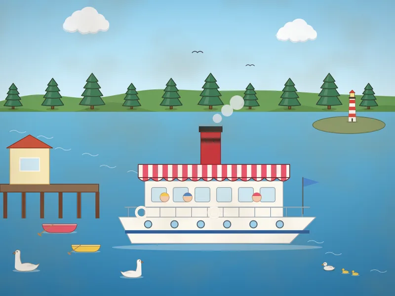 A white lake steamer with a red funnel and an awning over the deck, life rings, portholes and benches, sailing on a blue lake past wooded hills, a jetty with a ticket hut, rowing boats, swans, ducks and a little island with a lighthouse.
