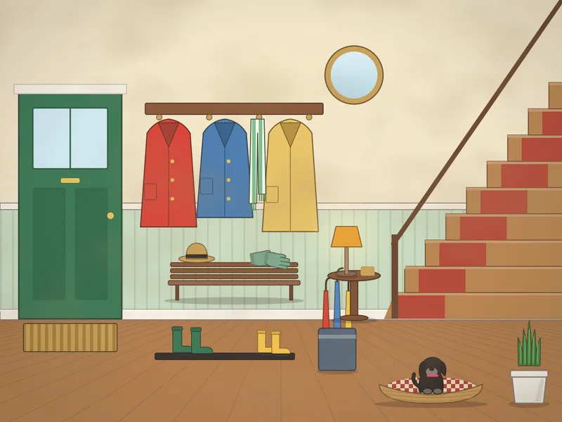 A front hall with a green front door with a glass panel, a row of coat hooks with coats and a scarf, a bench with hats and gloves, an umbrella stand, wellies on a tray, a dog in a basket, a doormat, a mirror, a lamp on a small table, a staircase with a runner and a plant.