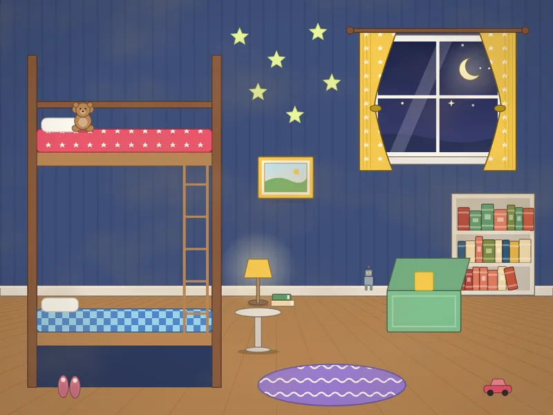 A children’s bedroom: bunk beds with patterned quilts and a ladder, glow stars on the wall, a teddy on the top bunk, a window with a night sky, a toy box, a bookcase, a rug, a night light and slippers.